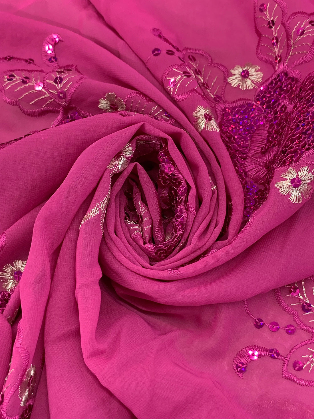 Fandango Pink/Silver/Iridescent Pink 100% Polyester Scalloped Double Border Embroidered Floral & Sequin Chiffon 42W