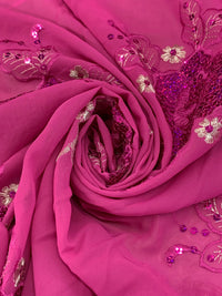 Fandango Pink/Silver/Iridescent Pink 100% Polyester Scalloped Double Border Embroidered Floral & Sequin Chiffon 42W