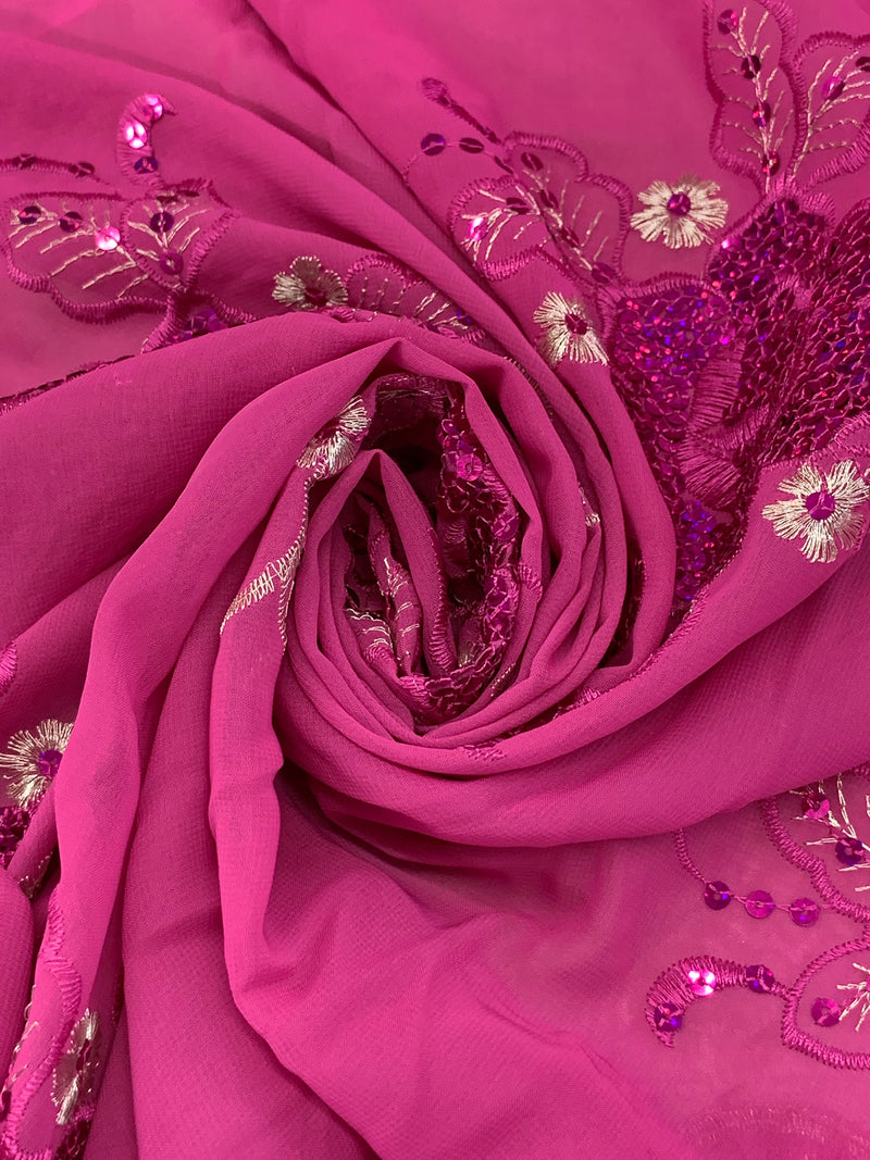 Fandango Pink/Silver/Iridescent Pink 100% Polyester Scalloped Double Border Embroidered Floral & Sequin Chiffon 42W
