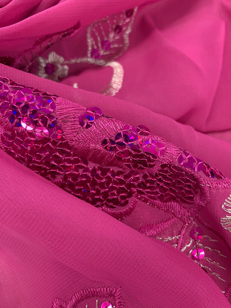 Fandango Pink/Silver/Iridescent Pink 100% Polyester Scalloped Double Border Embroidered Floral & Sequin Chiffon 42W