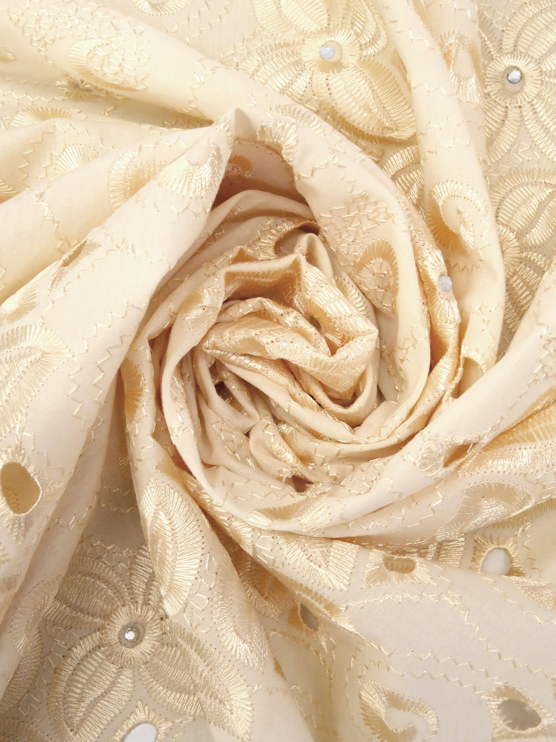 Bisque Polyester/Cotton Scalloped Double Border Embroidered Floral Ornate Eyelet Design Lawn 43W