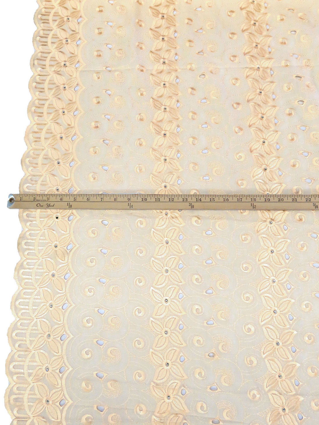 Bisque Polyester/Cotton Scalloped Double Border Embroidered Floral Ornate Eyelet Design Lawn 43W