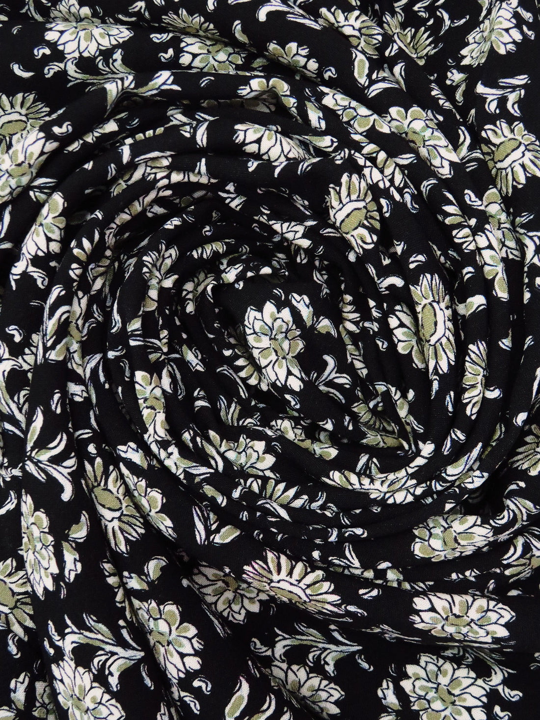 Black/Cream/Moss/Multi 100% Rayon Floral Print Crepe Challis - NY Designer - 55W