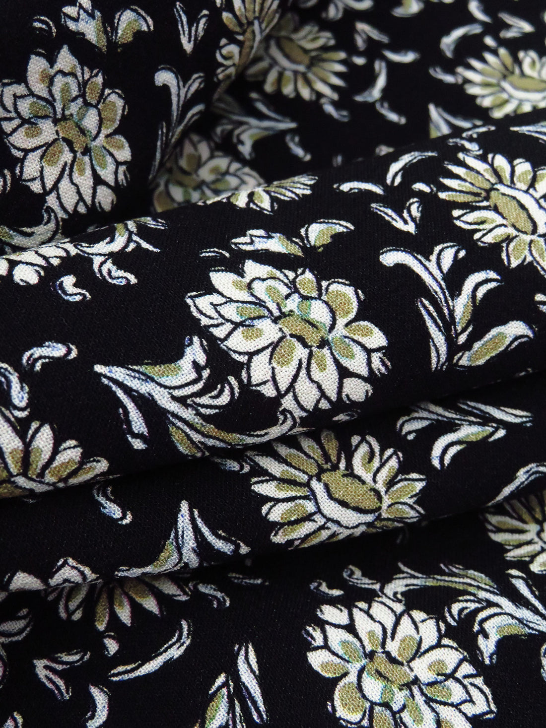 Black/Cream/Moss/Multi 100% Rayon Floral Print Crepe Challis - NY Designer - 55W