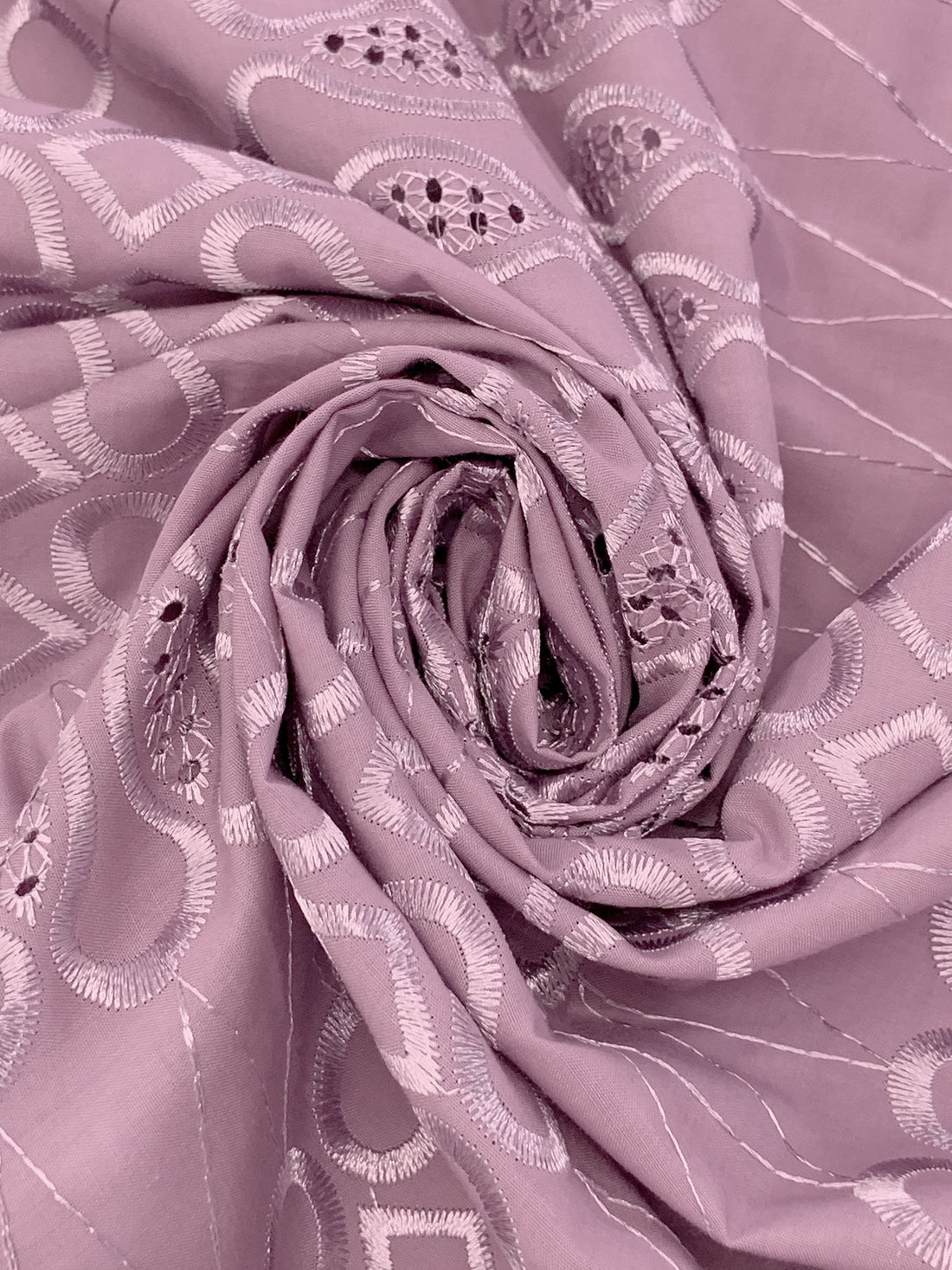 Dark Dusty Lilac Polyester/Cotton Scalloped Double Border Embroidered Ornate Eyelet Design Lawn 40W