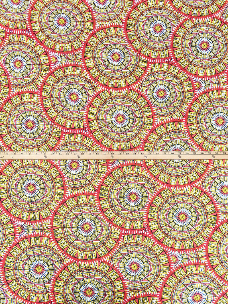 Sunny Yellow/Fire Red/White/Black Polyester/Lycra Large Geometric Bursts Print Double Brushed Knit 56W