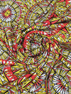 Sunny Yellow/Fire Red/White/Black Polyester/Lycra Large Geometric Bursts Print Double Brushed Knit 56W