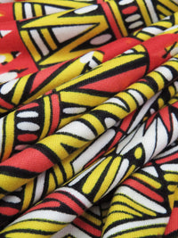 Sunny Yellow/Fire Red/White/Black Polyester/Lycra Large Geometric Bursts Print Double Brushed Knit 56W