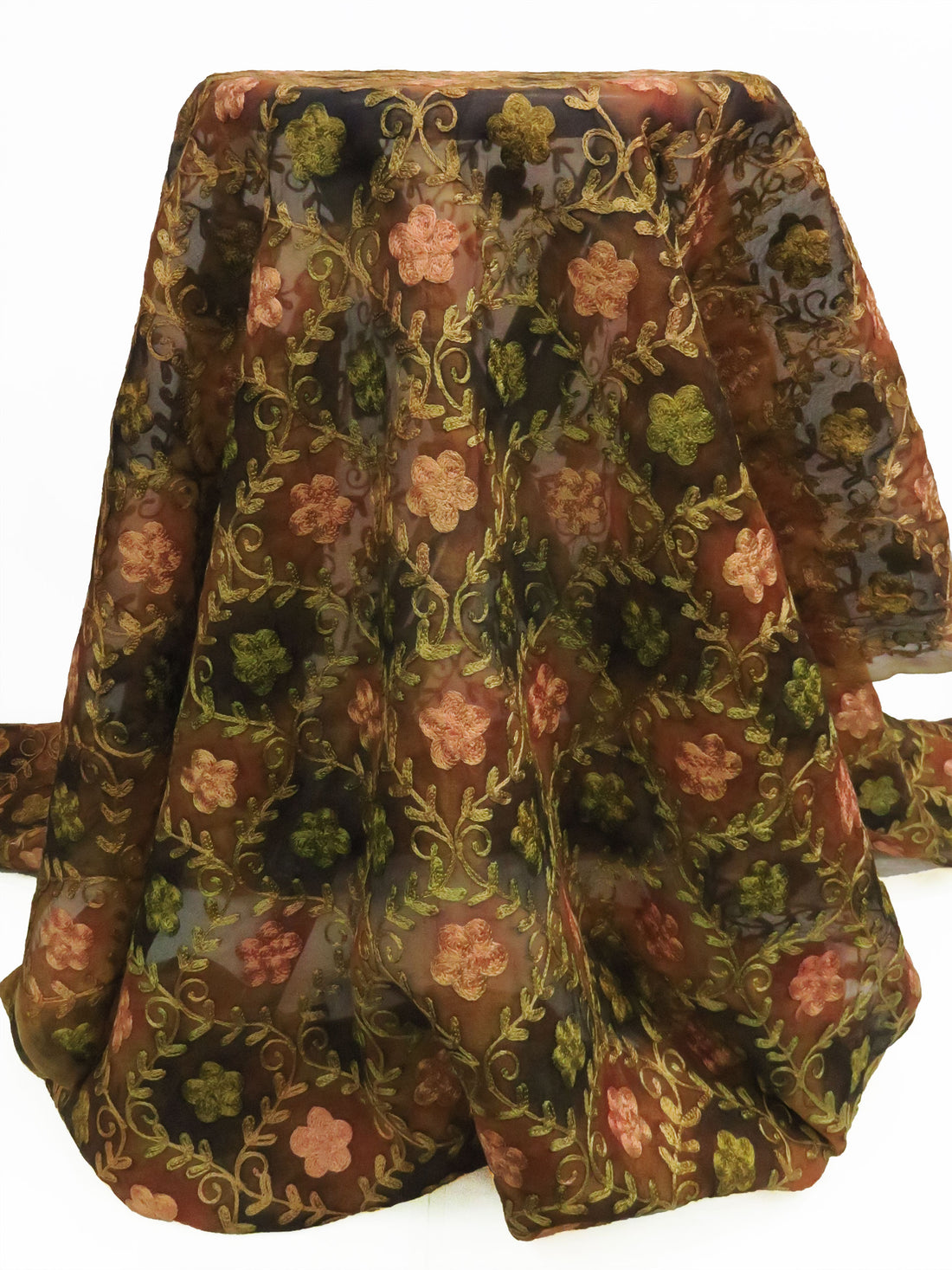 Cinnamon Brown/Espresso/Brass/Multi 100% Silk Ogee Floral Embroidered Organza 41W