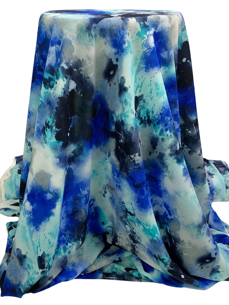 Deep Blue/Black/Light Gray 100% Polyester Abstract Print Chiffon - Norma Kamali - 56W