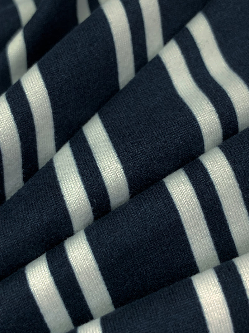 Dark Navy/White Polyester/Lycra Vertical Dual Stripe Print Double Brushed Knit 60W