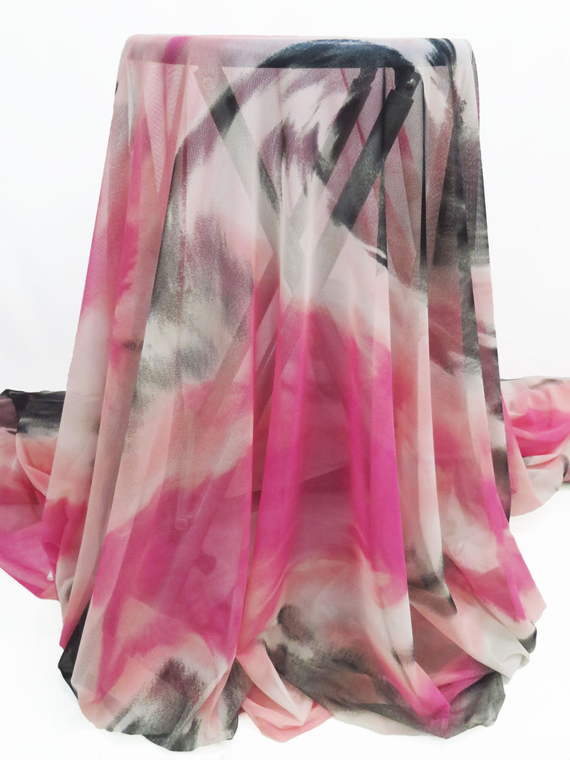 Cotton Candy/Black/Deep Magenta/Multi Nylon/Lycra Tie-Dye Swirls Print Mesh Knit - Norma Kamali - 56W