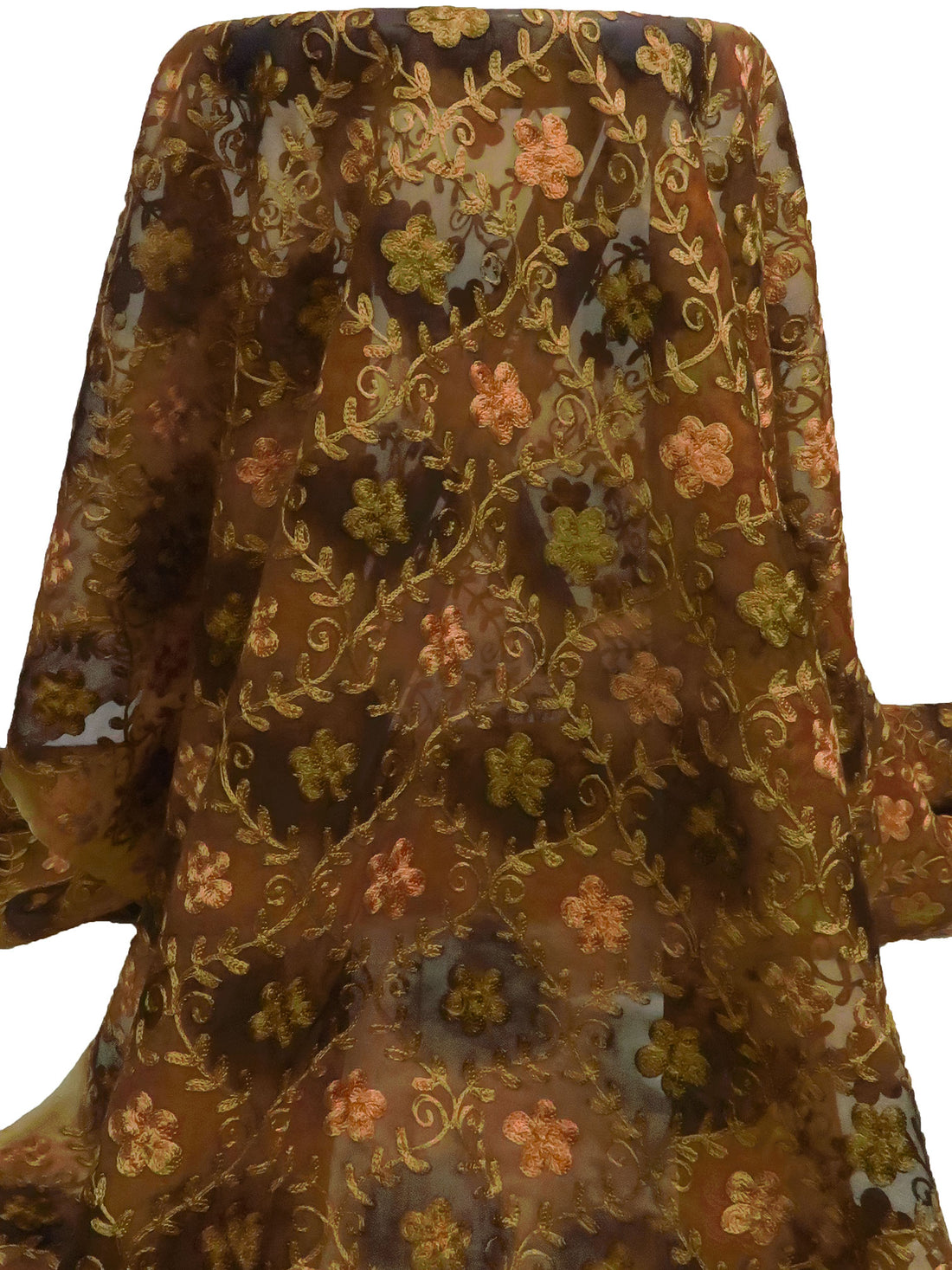 Chestnut/Dark Brass/Black/Multi 100% Silk Ogee Floral Embroidered Organza 44W