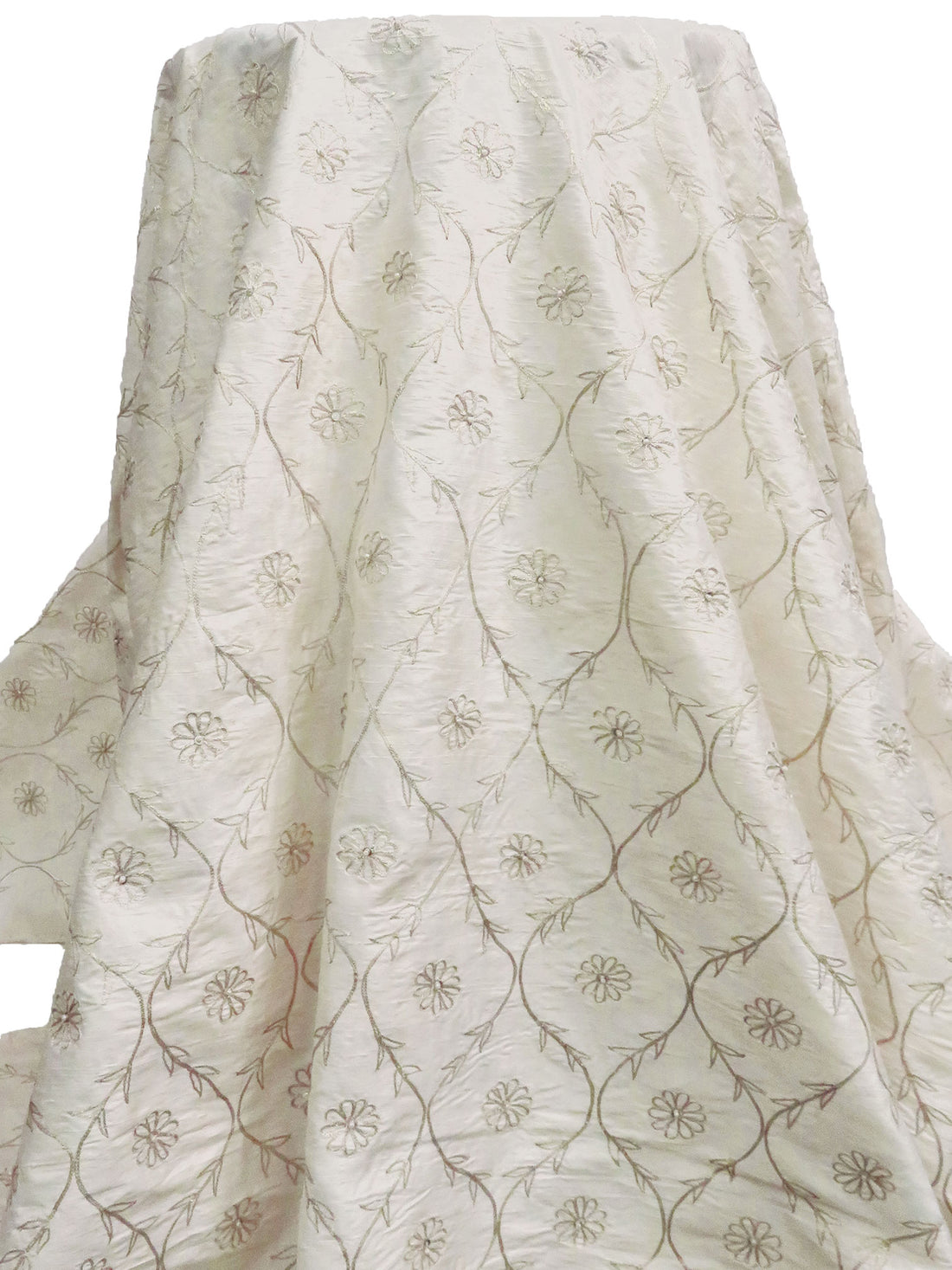 Antique White/White-Gold 100% Silk Embroidered Floral Dupioni 47W