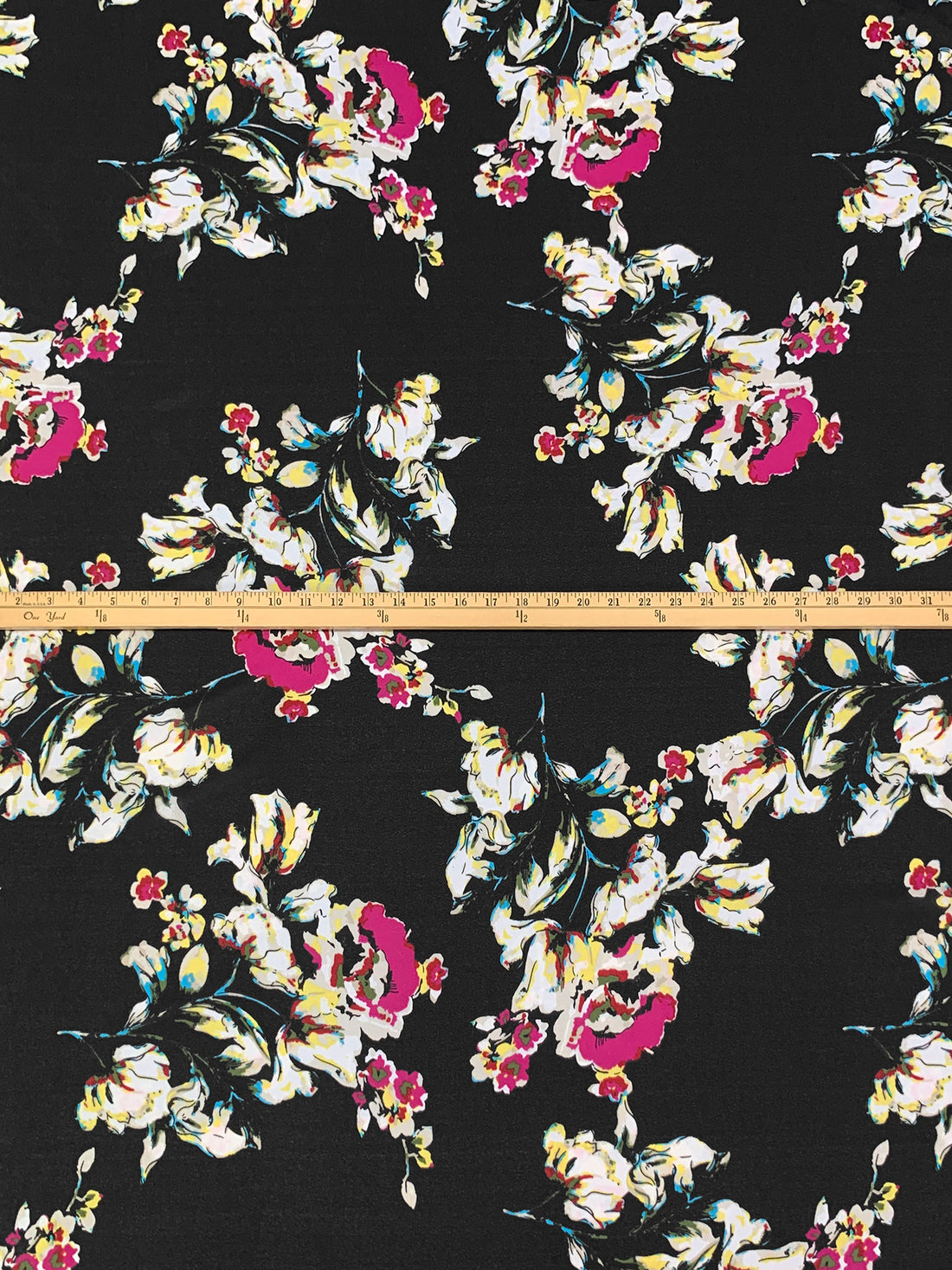 Black/Dark Magenta/Lemon/Multi 100% Polyester Floral Print Georgette - Norma Kamali - 58W