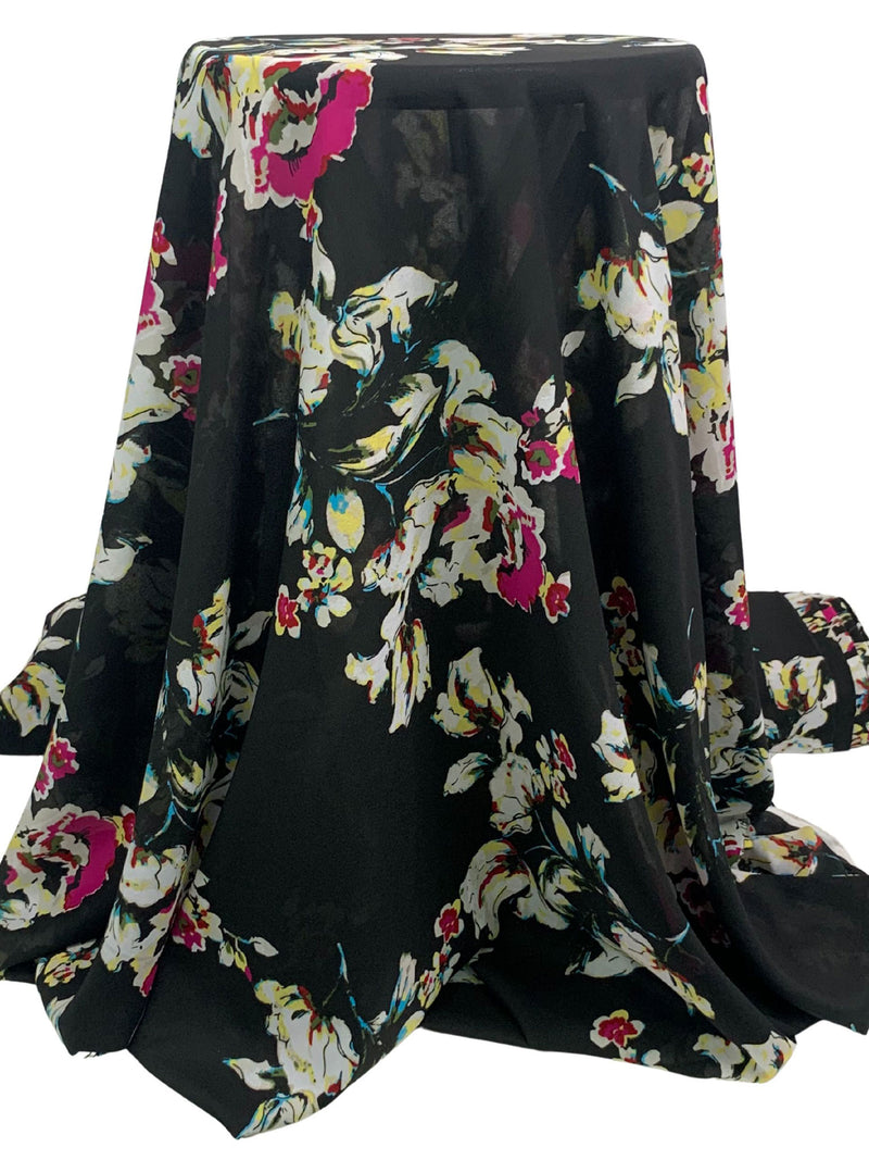 Black/Dark Magenta/Lemon/Multi 100% Polyester Floral Print Georgette - Norma Kamali - 58W