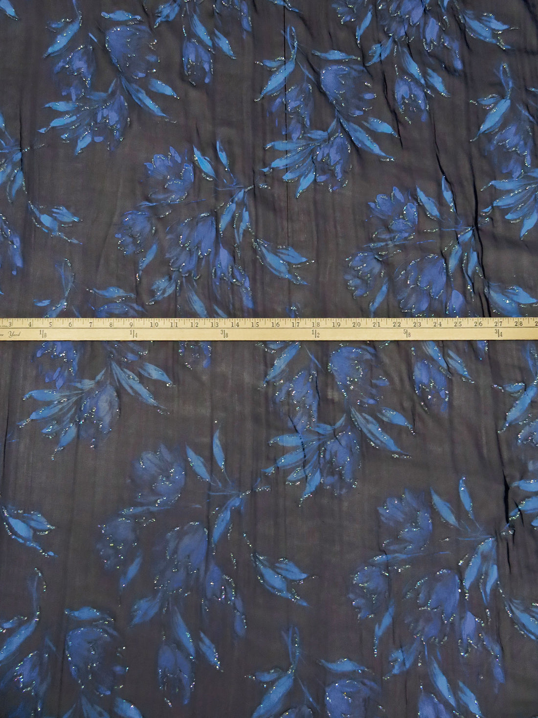 Midnight Navy/Cornflower/Gray/Multi 100% Silk Floral Print Glitter Chiffon 42W