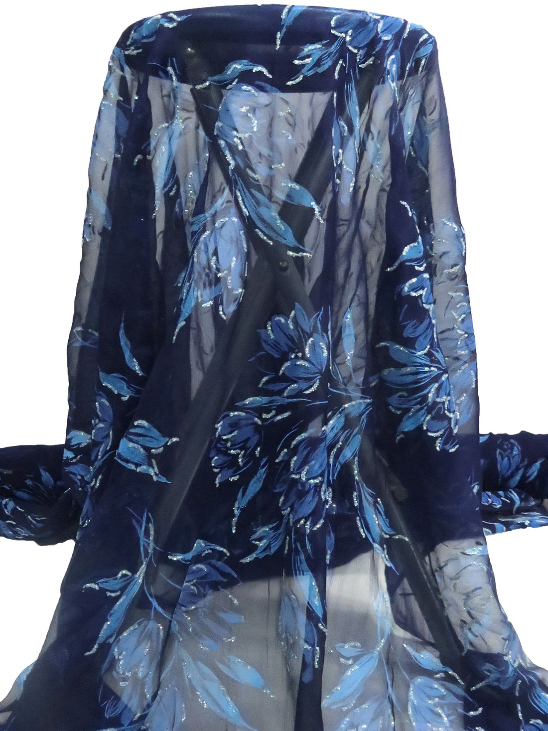 Midnight Navy/Cornflower/Gray/Multi 100% Silk Floral Print Glitter Chiffon 42W