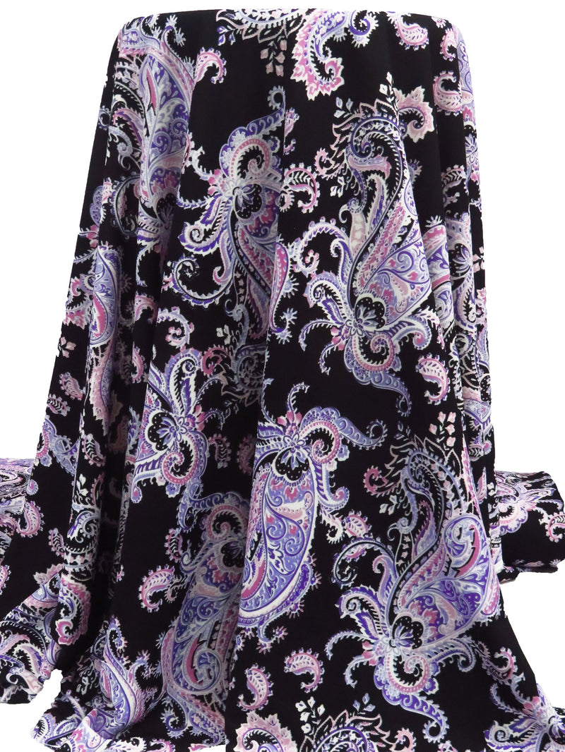 Lavender Purple/Black/Wild Orchid/Multi Polyester/Lycra Large Paisley Print Crepe Double Knit 58W