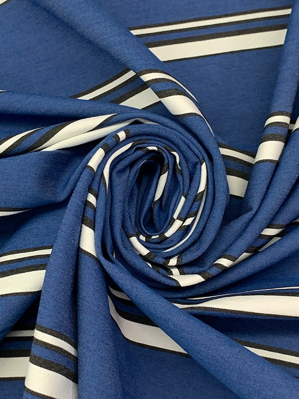 Dark Cerulean Blue/White/Black Rayon/Nylon/Spandex Horizontal Stripe Stretch Bengaline Suiting - NY Designer - 56W