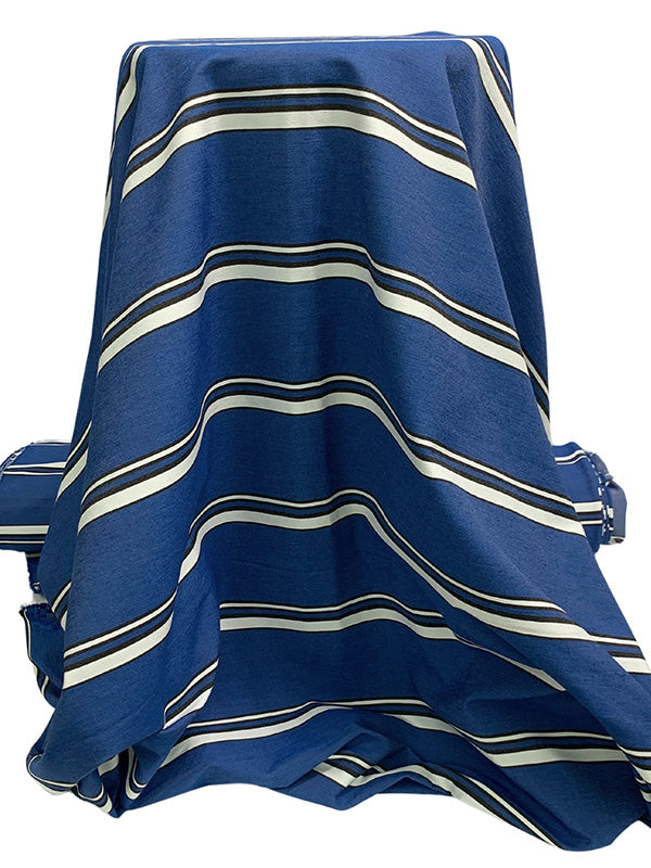 Dark Cerulean Blue/White/Black Rayon/Nylon/Spandex Horizontal Stripe Stretch Bengaline Suiting - NY Designer - 56W