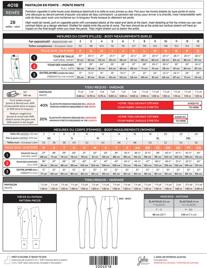 Jalie Patterns - Renee Ponte Pants #4018 - Women/Girls Sizes