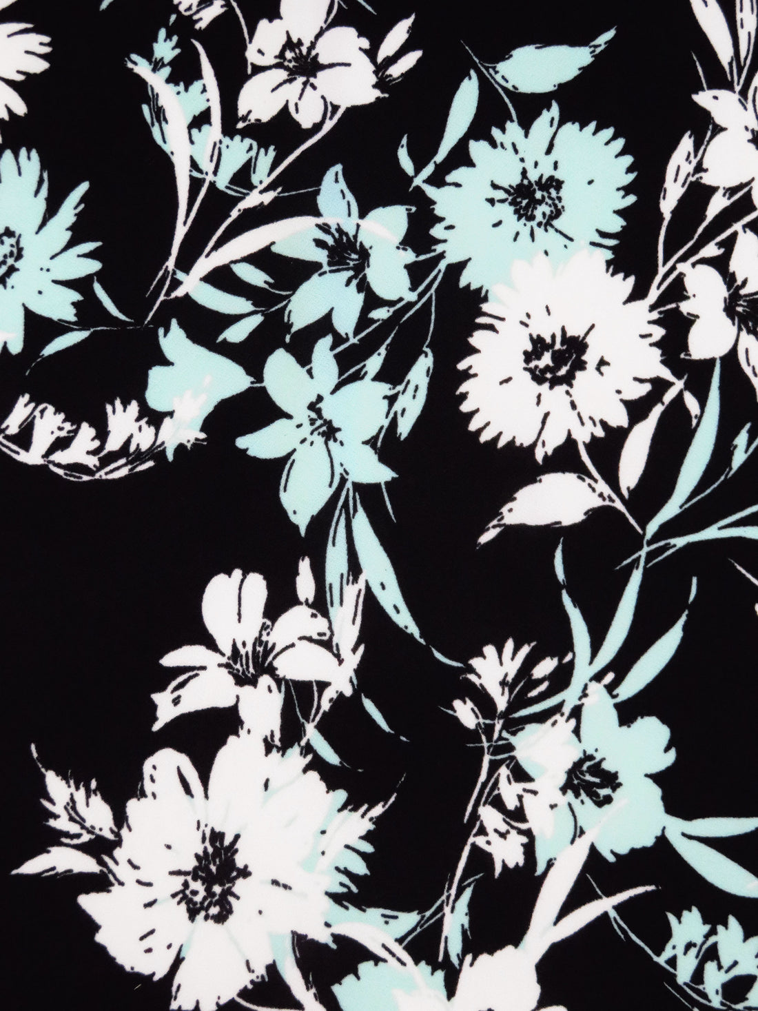 Pale Turquoise/Black/White Polyester/Lycra Floral Print Crepe Double Knit 58W