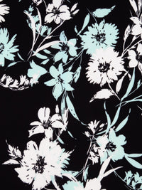 Pale Turquoise/Black/White Polyester/Lycra Floral Print Crepe Double Knit 58W