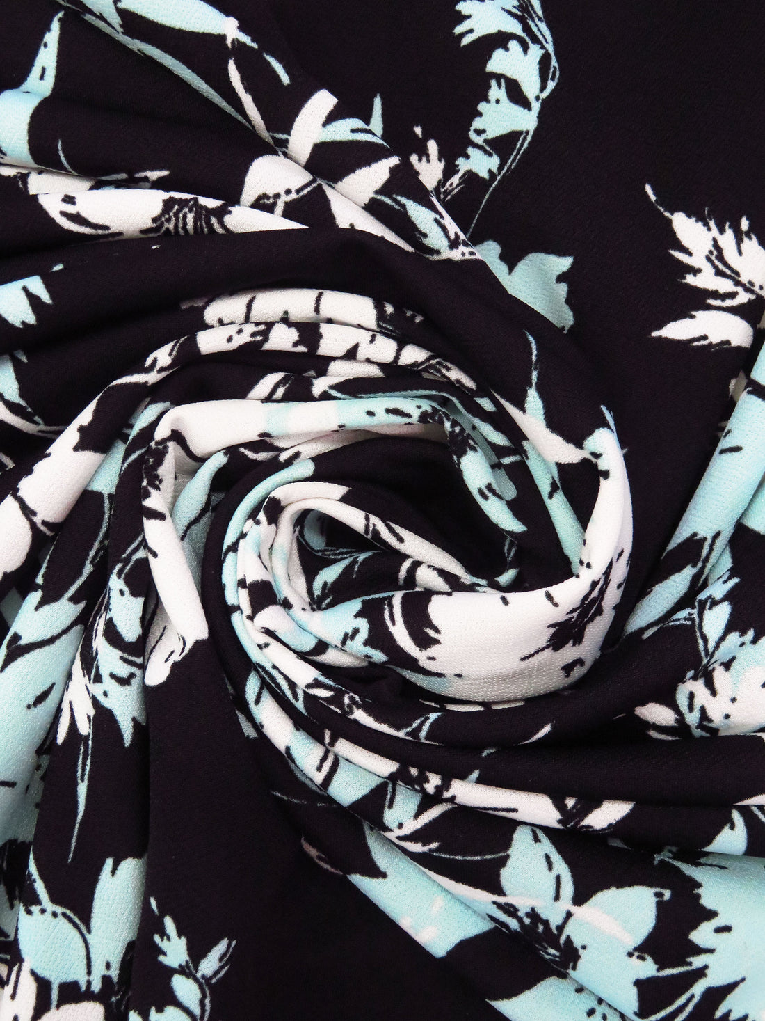 Pale Turquoise/Black/White Polyester/Lycra Floral Print Crepe Double Knit 58W