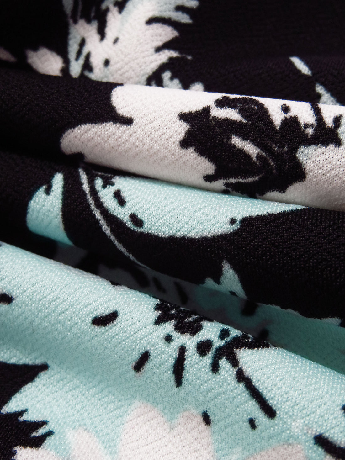 Pale Turquoise/Black/White Polyester/Lycra Floral Print Crepe Double Knit 58W