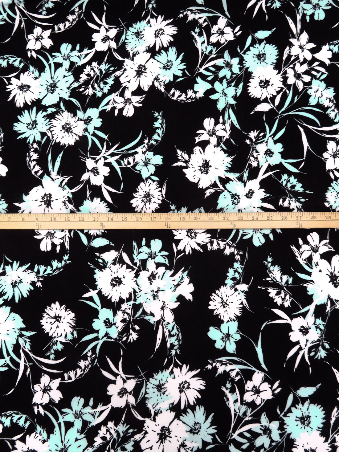 Pale Turquoise/Black/White Polyester/Lycra Floral Print Crepe Double Knit 58W