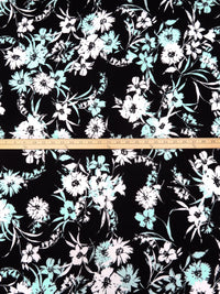 Pale Turquoise/Black/White Polyester/Lycra Floral Print Crepe Double Knit 58W