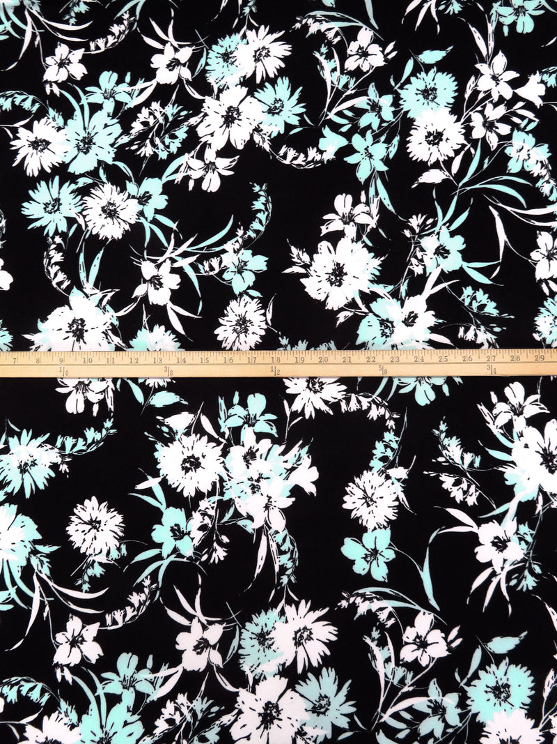 Pale Turquoise/Black/White Polyester/Lycra Floral Print Crepe Double Knit 58W