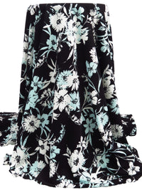 Pale Turquoise/Black/White Polyester/Lycra Floral Print Crepe Double Knit 58W