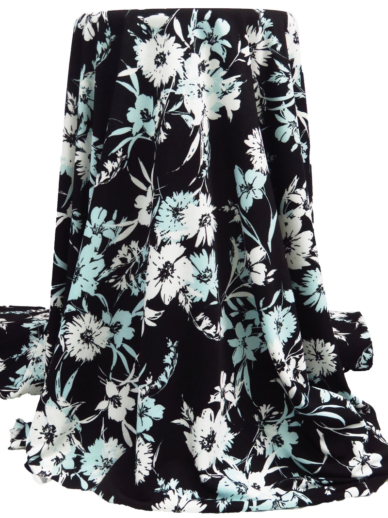 Pale Turquoise/Black/White Polyester/Lycra Floral Print Crepe Double Knit 58W