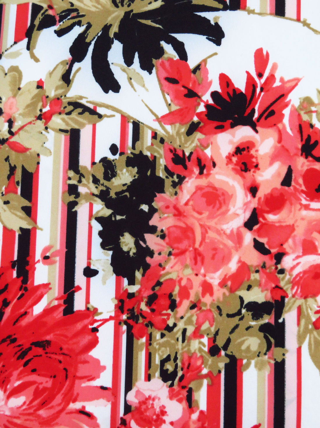 SOLD AS IS ONLY - Deep Carmine Pink/Pale Brown/White/Multi Polyester/Lycra Floral With Stripe Print Scuba Knit 56W