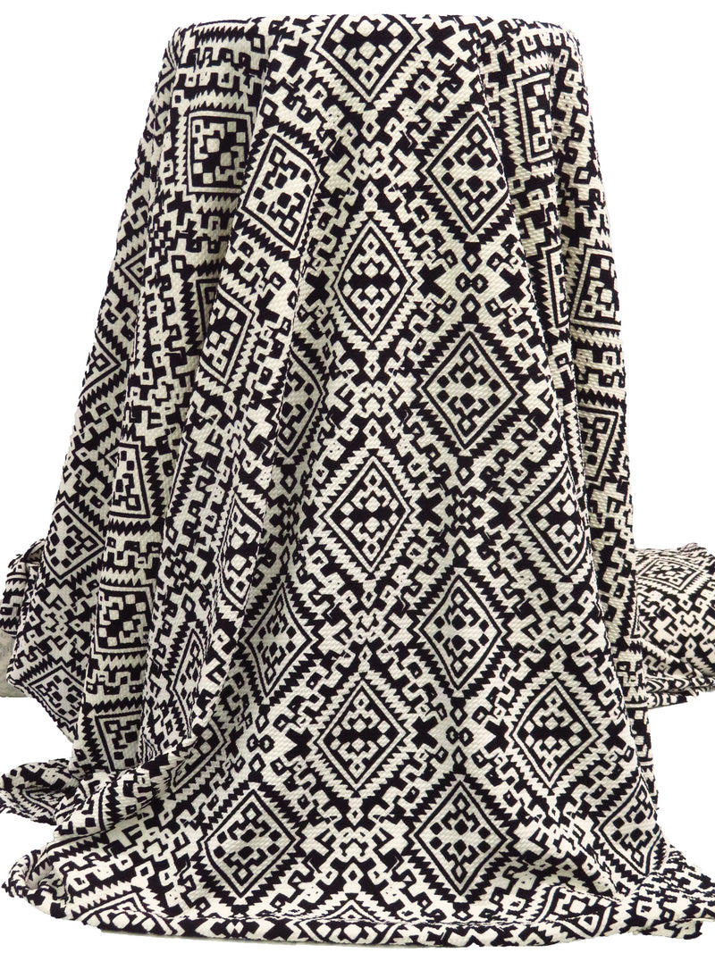 Black/Pearl Polyester/Lycra Tribal Print Liverpool Double Knit 56W