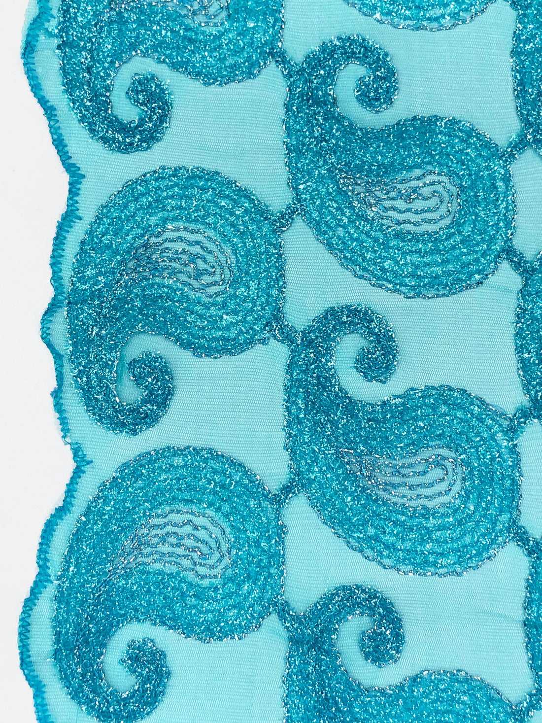 Pacific Blue/Silver 100% Nylon Double Scalloped Border Embellished Paisley Netting 44W