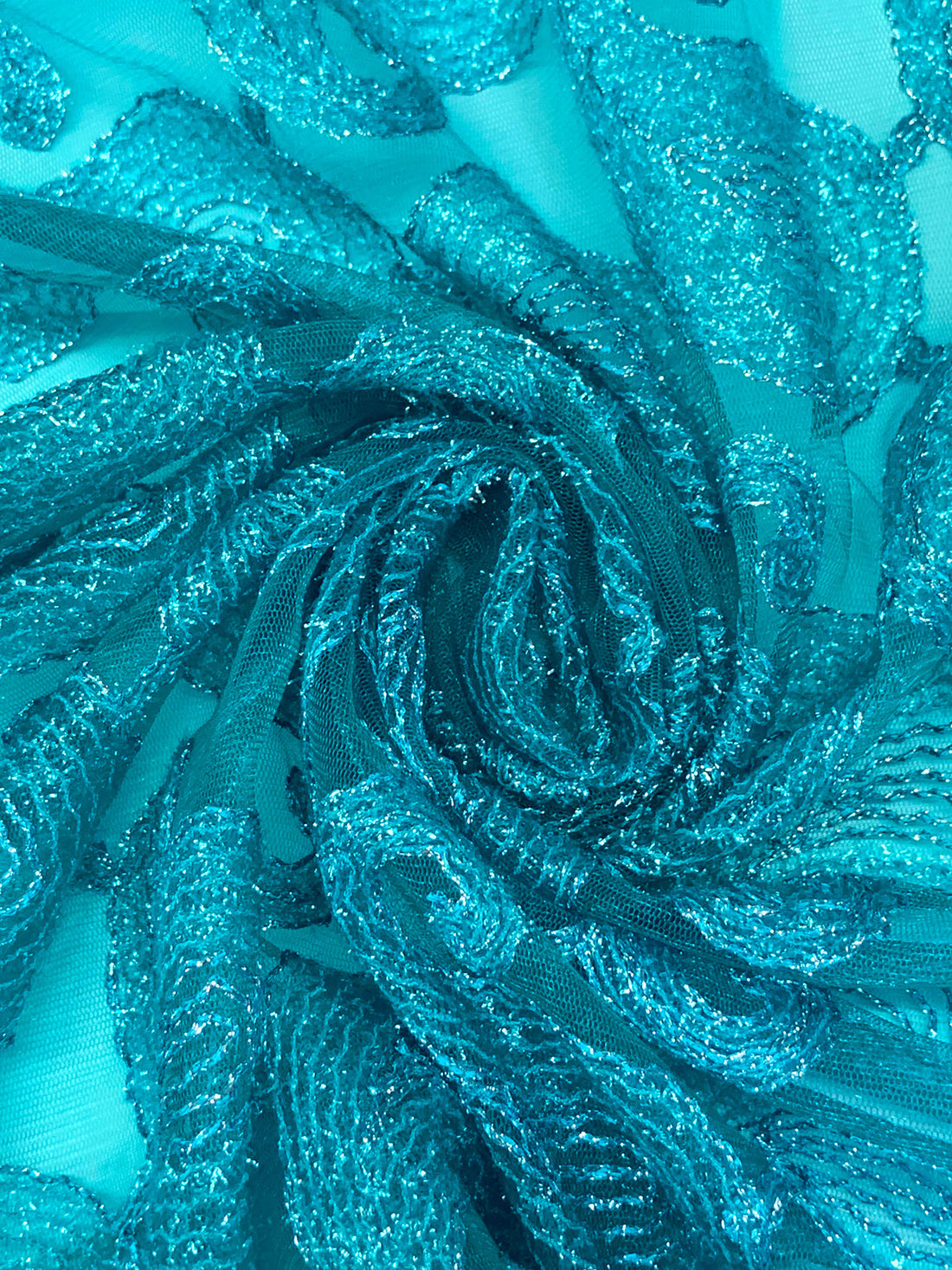 Pacific Blue/Silver 100% Nylon Double Scalloped Border Embellished Paisley Netting 44W