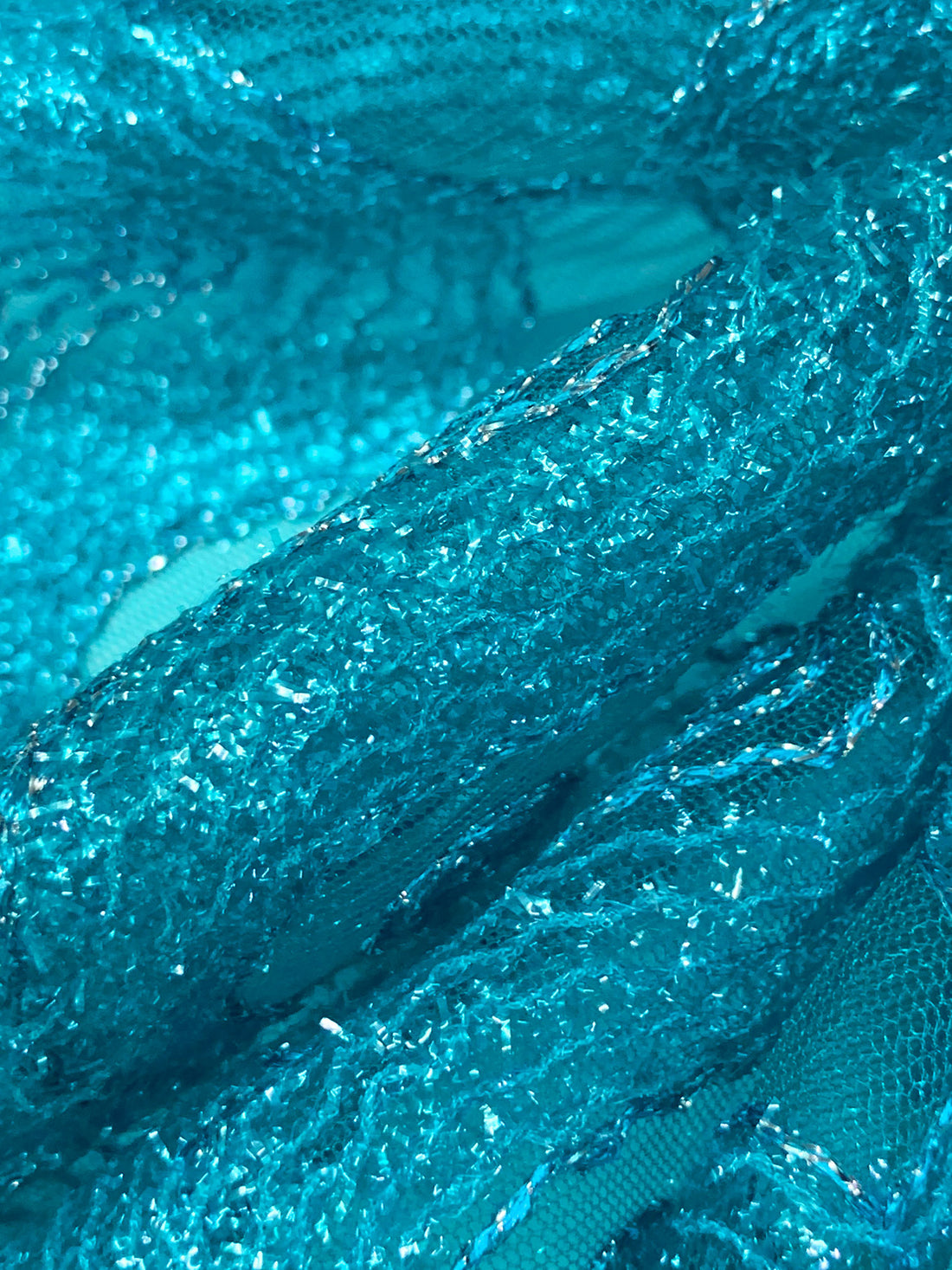 Pacific Blue/Silver 100% Nylon Double Scalloped Border Embellished Paisley Netting 44W