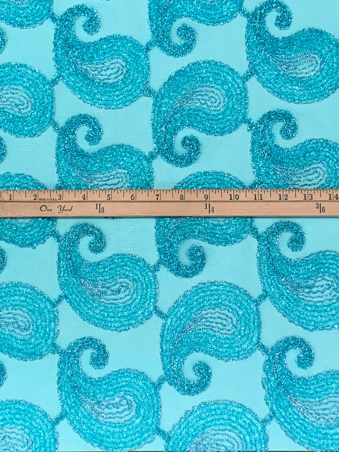 Pacific Blue/Silver 100% Nylon Double Scalloped Border Embellished Paisley Netting 44W