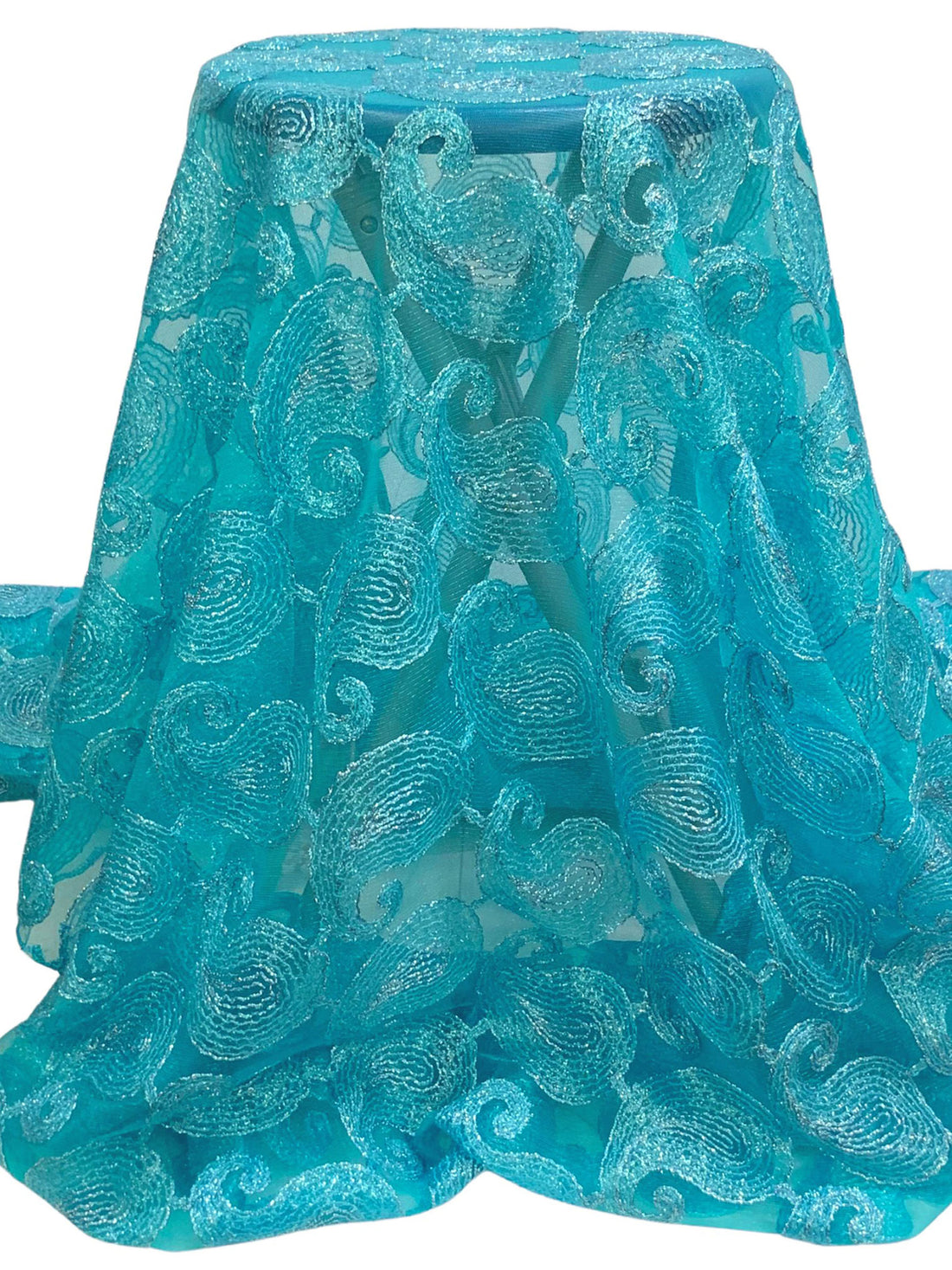 Pacific Blue/Silver 100% Nylon Double Scalloped Border Embellished Paisley Netting 44W