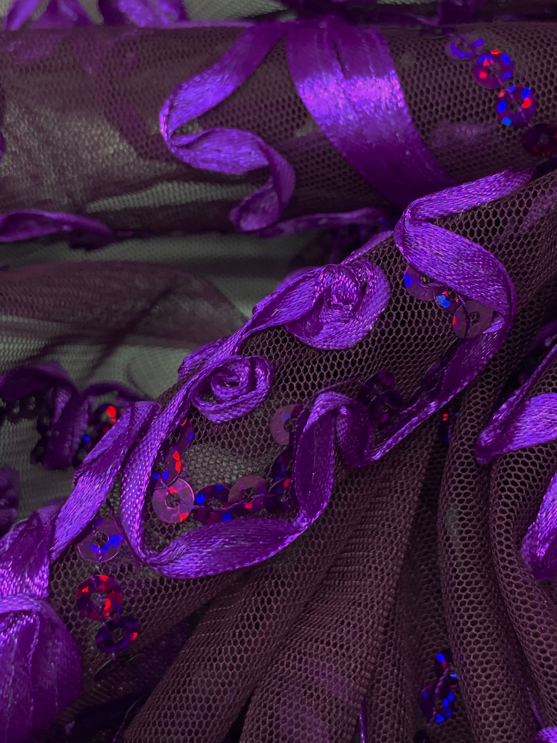 Deep Purple/Vivid Orchid/Multi 100% Nylon Double Scalloped Border Embellished Floral With Sequins Netting 51W