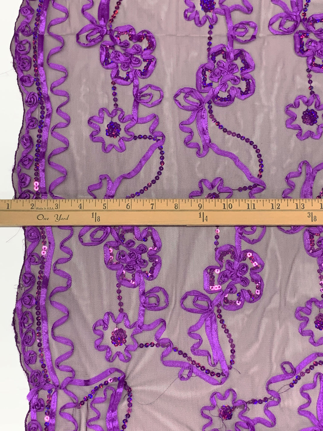 Deep Purple/Vivid Orchid/Multi 100% Nylon Double Scalloped Border Embellished Floral With Sequins Netting 51W