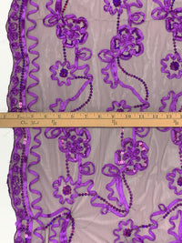 Deep Purple/Vivid Orchid/Multi 100% Nylon Double Scalloped Border Embellished Floral With Sequins Netting 51W