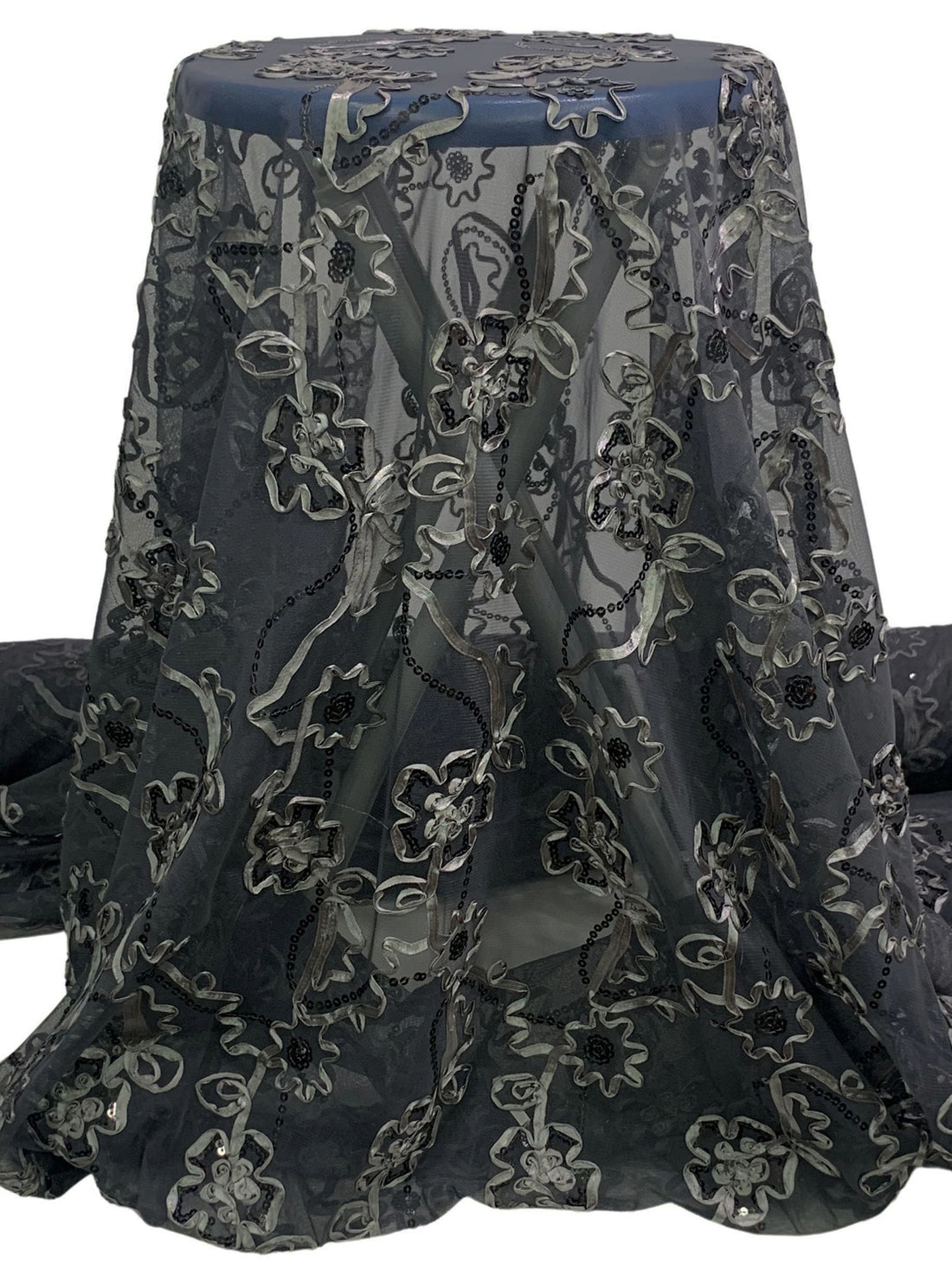 Dark Lead Gray/Middle Gray/Multi 100% Nylon Double Scalloped Border Embellished Floral With Sequins Netting 51W