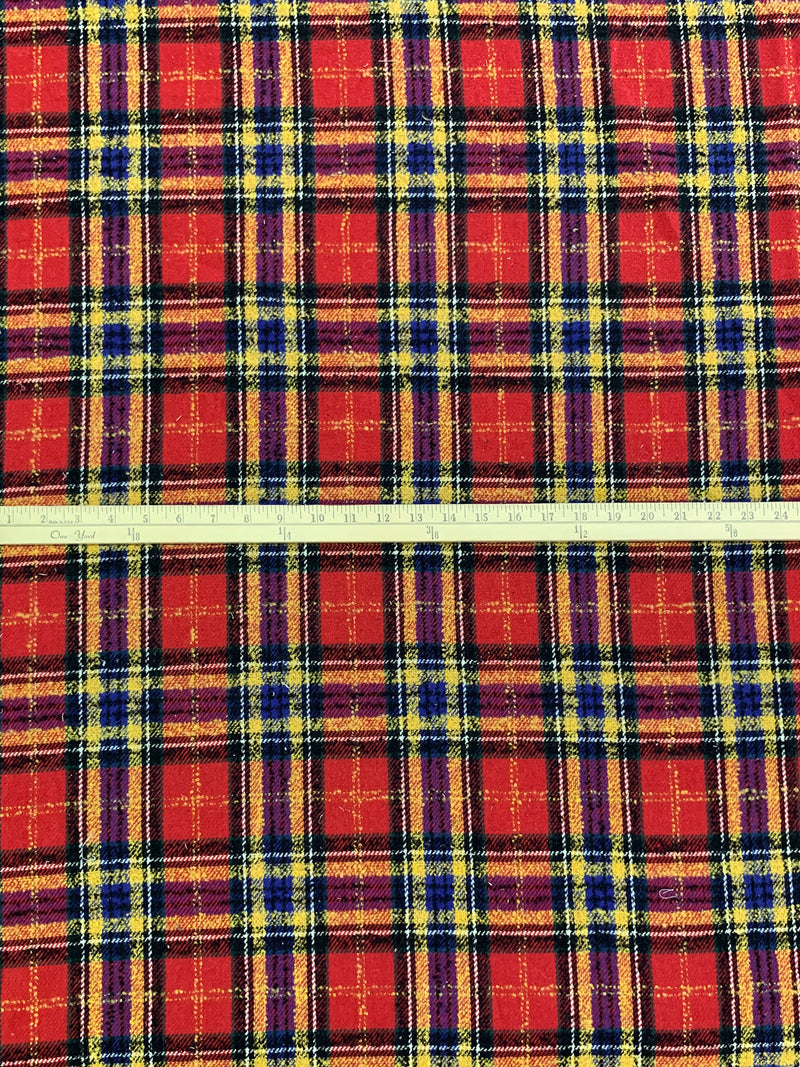 Red/Blue/Yellow/Black Wool/Polyester Tartan Plaid Coating - NY Designer - 58W