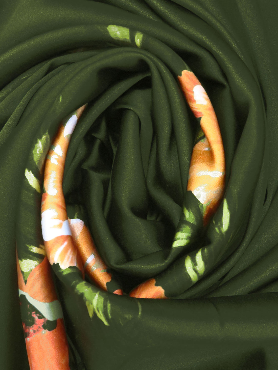 SOLD BY THE PANEL ONLY - Midnight Olive/Orange/White/Multi Polyester/Lycra Floral Cluster Print Stretch Charmeuse - NY Designer - 53W