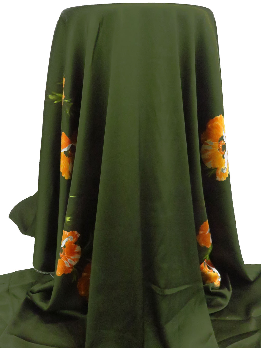 SOLD BY THE PANEL ONLY - Midnight Olive/Orange/White/Multi Polyester/Lycra Floral Cluster Print Stretch Charmeuse - NY Designer - 53W