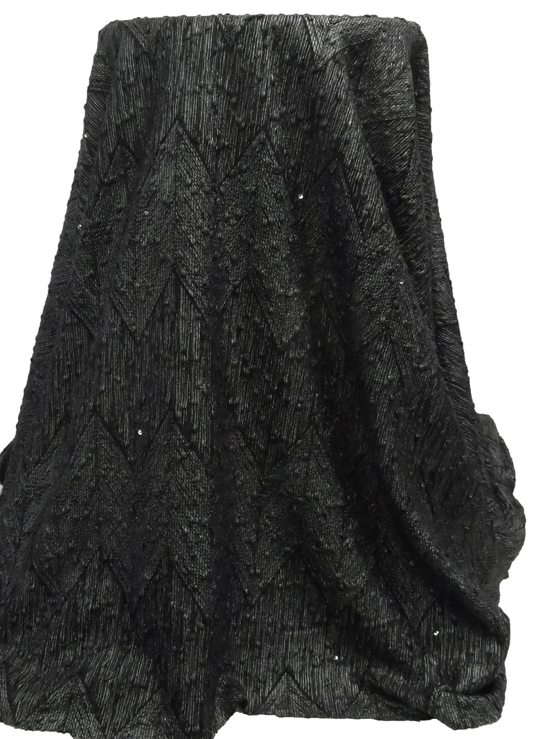 Pitch Black/Matte Black/Light Gray 100% Polyester Geometric Foil Print Novelty Weave Sweater Knit - Imported Form Italy - 50W